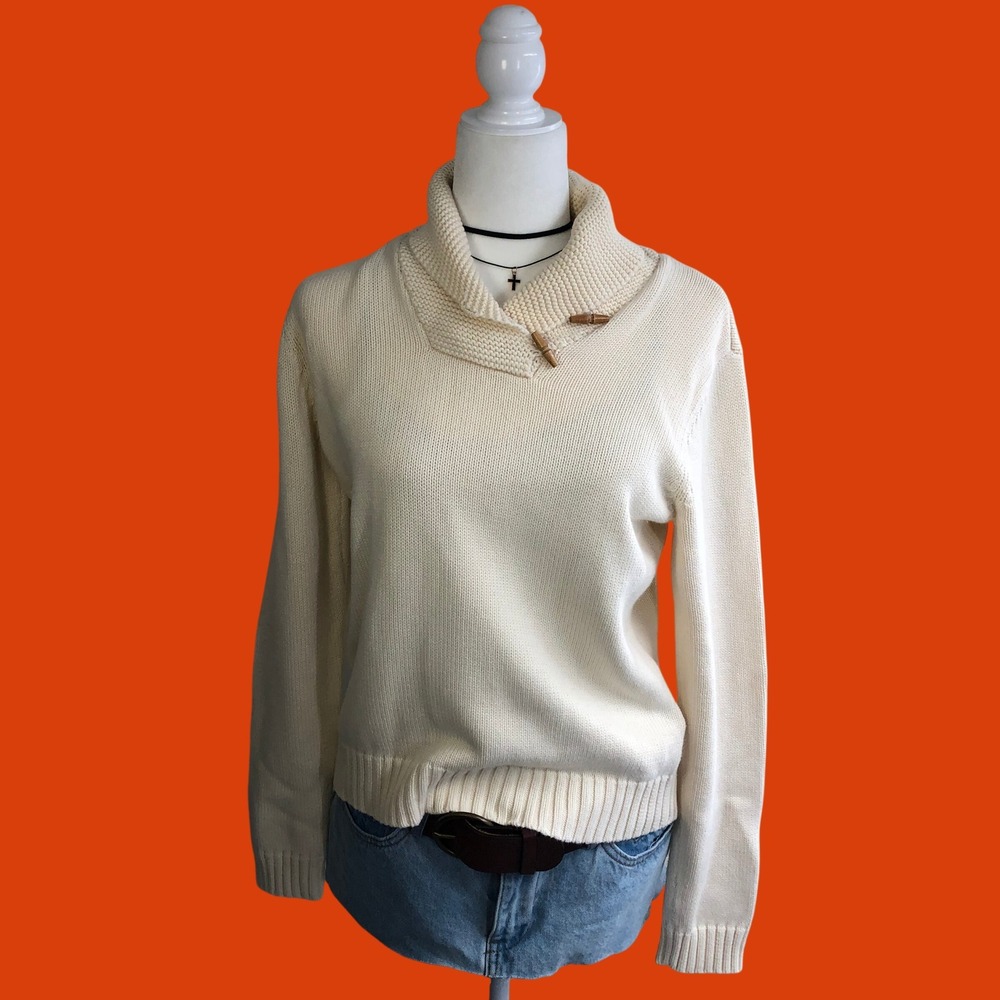 Vintage Y2K Ralph Lauren Cream Chunky Knit Toggle Shawl Sweater Rory Gilmore L